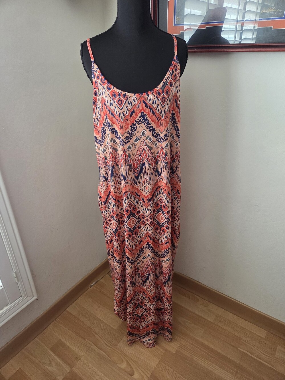 Sleeveless Coral & Navy Patterned Maxi Bohemian Summer Resortwear Dress Large